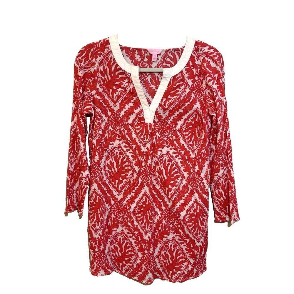 Lilly Pulitzer Red White Coral Medallion Cotton Tunic Top XS Long‎ Sleeve